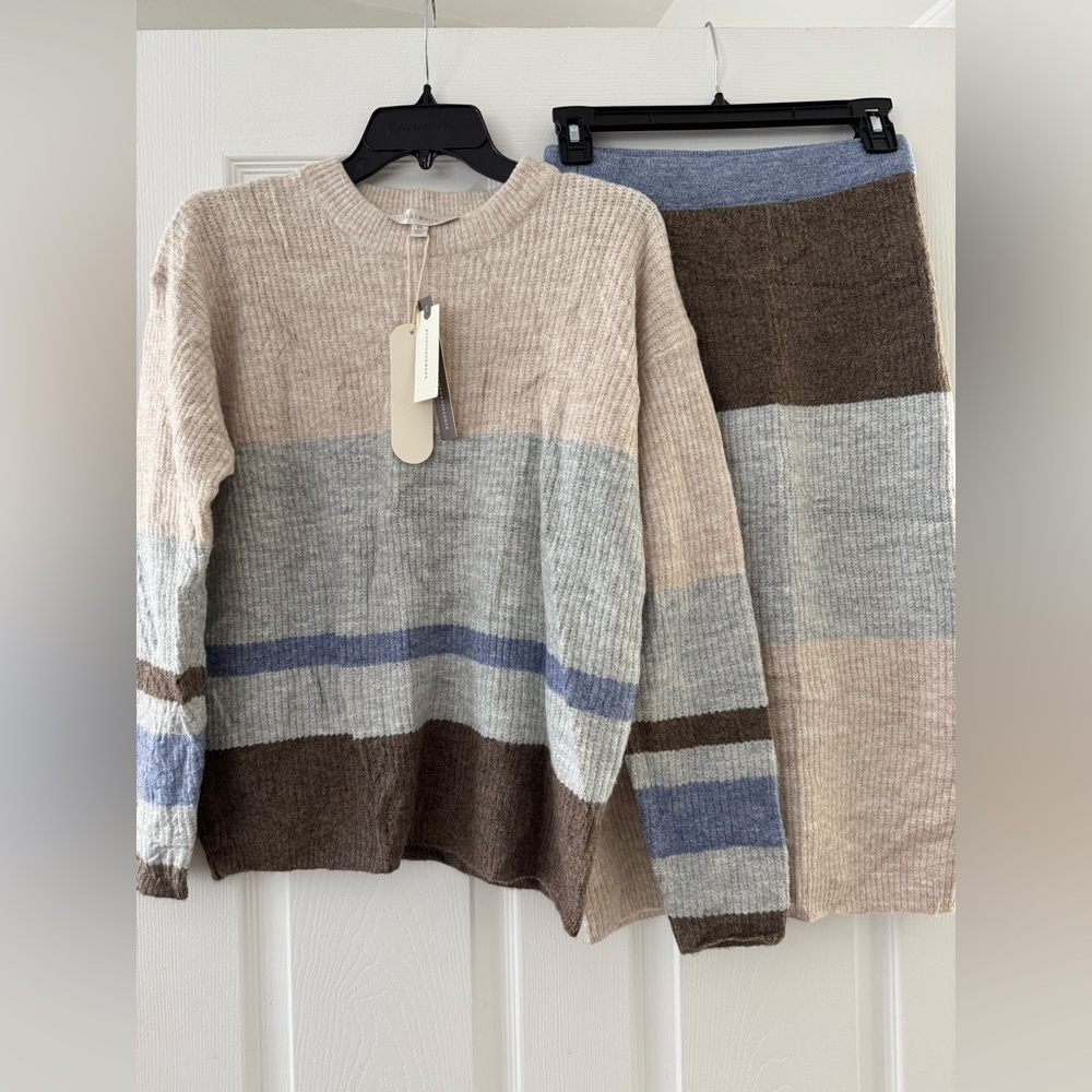 Neutral Striped Sweater and Skirt Set